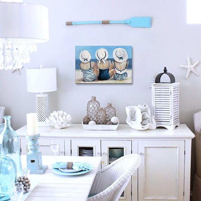 Beach Girls Wall Art Coastal Room Wall Decor Vintage Ocean Landscape Picture Nautical Bathroom Canvas Prints 16x24”, Seascape Poster Retro Swimsuit Girl Painting Artwork Modern Bedroom Decoration