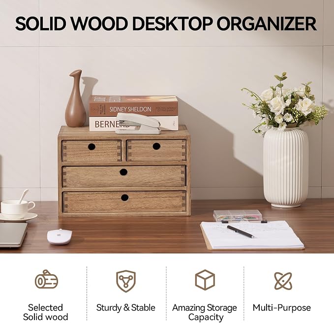 KIRIGEN Wood Desk Organizer with 4 Drawers, Desktop Storage, Brown 34-DBR | 3-Tier Solid Wood Cabinet Holds Letter-Size Paper, Mail, Makeup, Crafts, and Home Office Supplies, Fully Assembled
