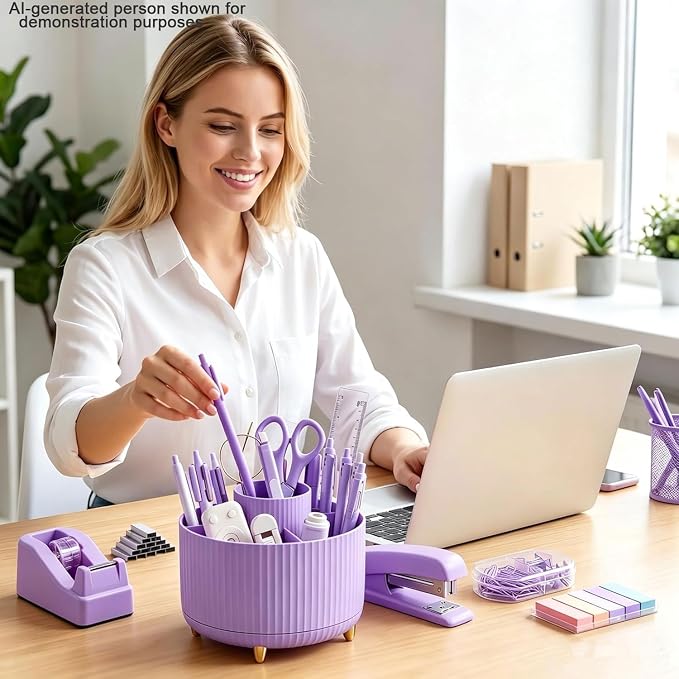 Office Supplies Set Rotating Pen Holder for Desk with Stapler Staple Remover Tape Dispenser 2pcs Tape Refills Binder Paper Clips Kit Scissor Pen Ruler & Sticky Tabs Pink Office School Supplies(Purple)