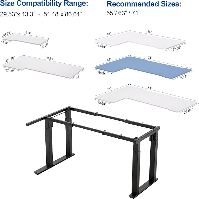 4-Leg L-Shape Standing Desk Frame Dual Motor, Electric Corner Legs Compatible Desktop Size 55″-71″, 264 lbs Weight Capacity, Anti-collision Detection Stand Up Desk Frame Workstation, Black Frame Only