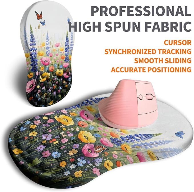 Ergonomic Joint Wrist Support Mouse Pad with Memory Foam Cushion Massage Bump, Carpal Tunnel Pain Relief Mousepad Slope Design for Wrist Rest, 11.8x7.9 in, Wild Flower