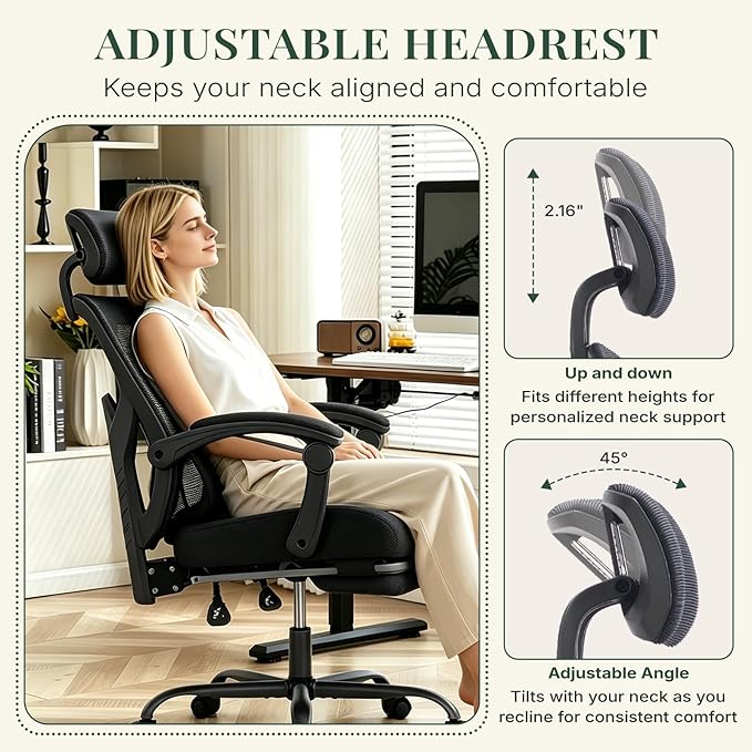 Ergonomic Office Chair with Footrest, High Back Home Desk Chair with Lumbar Support & Headrest, 90-135° Reclining Mesh Back Computer Chair with Wheels for Work, Gaming, Black