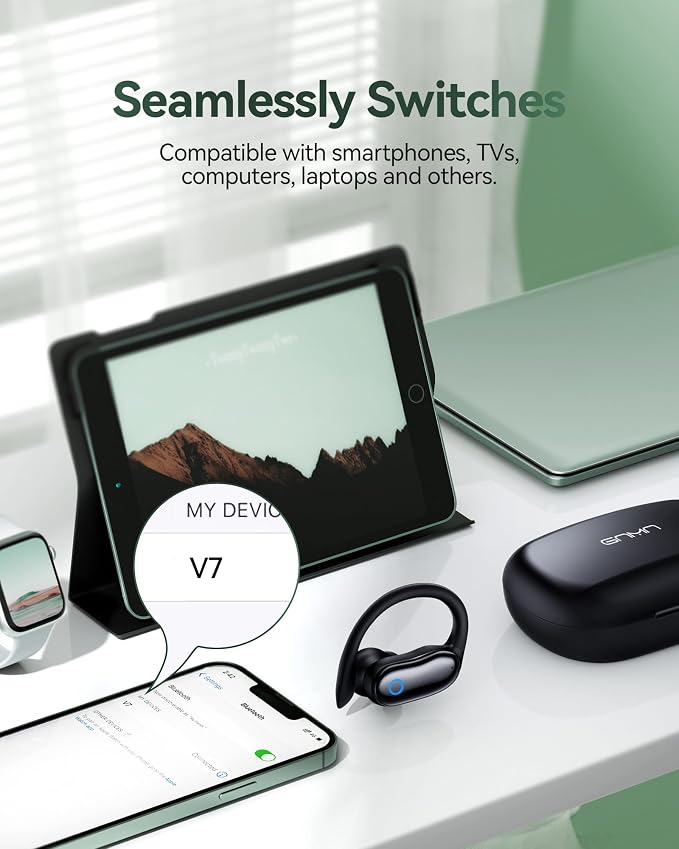 GNMN Active Noise Cancelling Ear Buds Wireless Earbuds 96hrs Playback Bluetooth Headphones Dual Battery Display Stereo Bass Earphones with Earhooks Microphone IPX7 Waterproof for Sports/Runing/Workout