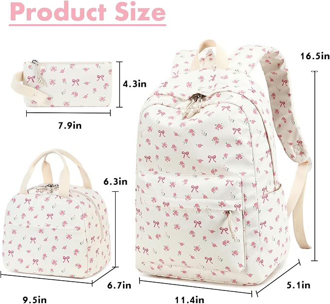 Bluboon Teen Girls School Backpack Kids Bookbag Set with Lunch Box Pencil Case Travel Laptop Backpack Casual Daypacks (Beige bow tie)