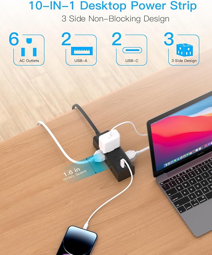 5Ft Extension Cord with Multiple Outlets, Flat Plug Power Strip Surge Protector with 5 Ft Long Cord, 6 Outlet 4 USB Ports (2 USB C), Multi Outlet Wall Plug for College, Dorm Room Essentials(Black)