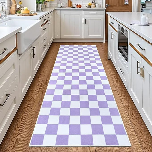 Terrug Purple and White Checkered Area Rug for Kitchen,2x6 Runner Rugs Washable with Non Slip for Bedroom,Soft Low Pile Stain Resistance Retro Carpet for Entryway Hallway