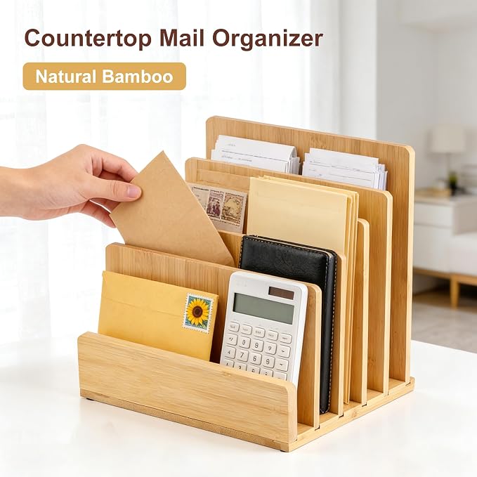 Bamboo Desk File Organizer, 5-Section Vertical Mail Sorter, Home Office Desktop Holder for Folders, Letters, Envelopes, Bills, Documents Storage
