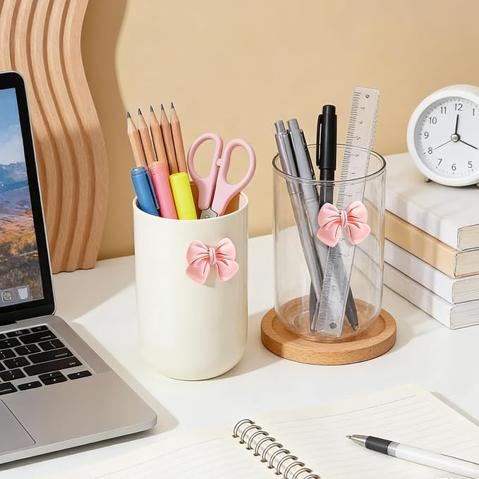 2 Pack Pen Pencil Holder for Desk, Acrylic Desk Organizer with Bow Clear Makeup Brush Holder Cup Desktop Stationery for Office School (Transparent+Beige)