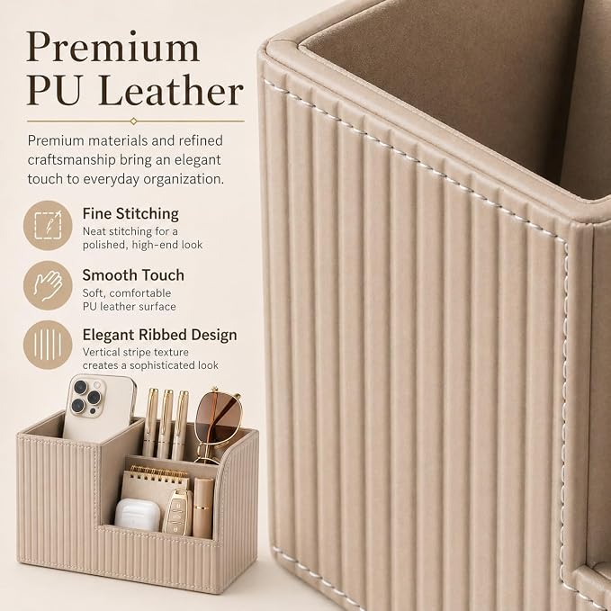KINGFOM Desk Pen Organizer Office Supplies Caddy Pu Leather Multi-function Storage Box Pen/Pencil,Cell phone, Business Name Cards Remote Control Holder (Mocha Beige)