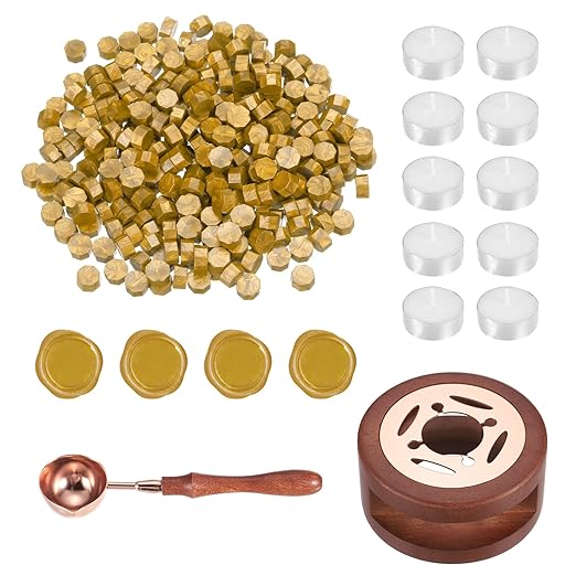 PATIKIL Wax Seal Kit, 300 Pcs Wax Sealing Beads, Wooden Warmer, Melted Spoon, 10 Pcs Tealight Candles for Envelope Letter Mailing Crafts DIY, Gold