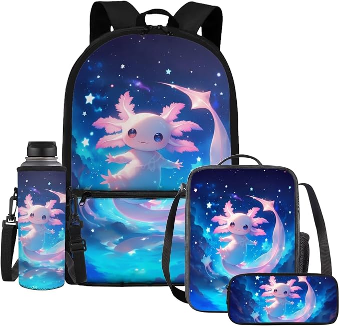 WELLFLYHOM Little Kid Axolotl 4 PCS Backpack Set for Girls Back to School Supplies, Blue 17 Inch Starry Night Elementary School Backpack with Lunch Box for Age 6-8, Mochilas Escolares Para Niñas