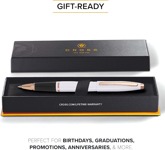 Cross Calais White Lacquer with Rose Gold Appointments Rollerball Pen - High-End Pen for Everyday Use - Professional Desk Essential - Smooth Writing - Durable Construction - Black Ink