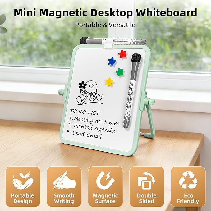 Magnetic Dry Erase Whiteboard, 6.7x8.4 Inch Double-Sided Desktop Easel with Stand, 2 Eraser Head Markers & 4 Magnets, Portable White Board for Planning, Memo, Office, Home, School（Green）