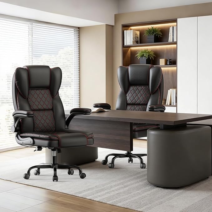 naspaluro Ergonomic Office Chair, Executive PU Leather Chair, Computer Desk Chair with Adjustable Lumbar Support Flip-up Arms, Executive Task Chair, Office Chairs for Home Office, Big and Tall, Black