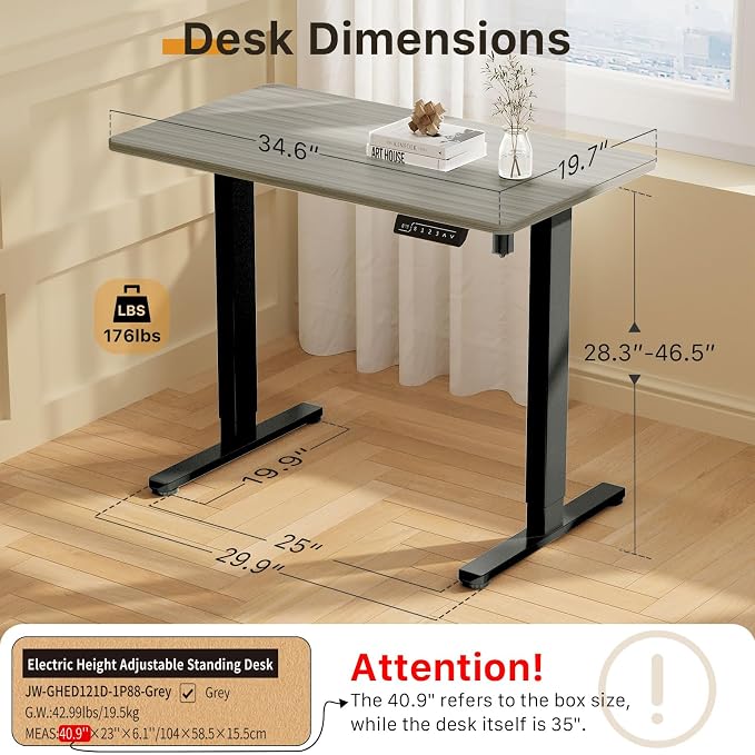 JOY worker Electric Small Standing Desk, 35" Whole Piece Height Adjustable | 35" x 20" Grey Narrow Sit Stand Desk with Memory Controller, 36 Inch Mini Computer Workstation for Home Office Walking Pad