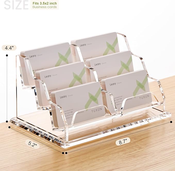 YUXUN Business Card Holder for Desk, Acrylic Business Card Display Stand with 6 Slot, Office Desk Accessories for Man &Woman,300 Cards Capcity, Clear
