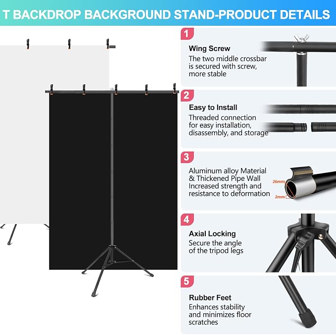 Black White Backdrop Screen with Stand Kit for Photo Video Studio Filming 5X6.5ft, Black Backdrop White Photo Curtain Background with T Shape Stand and 5 Spring Clamp for Photography Party Decorations