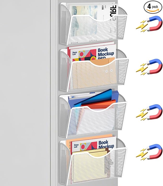 4PCS Magnetic File Holder - No Drilling Magazine Paper Document Holder, Hanging File Organizer for Refrigerators, Whiteboards & File Cabinets