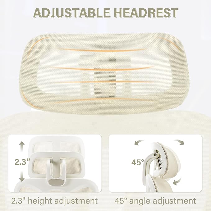 Ergonomic Office Chair with Retractable Footrest, Cream | High Back Design, Dynamic Lumbar Support, 2D Headrest & 2D Armrests, Breathable Mesh Back for Home Office