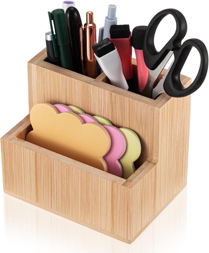 Maitys Bamboo Wood Pen Holder for Desk Wooden Pencil Remote Control Organizer with 3 Compartments Small Desk Accessories for Workspace Home Office Classroom Bathroom