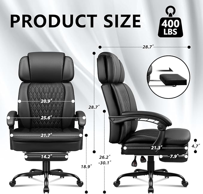 Office Chair with Foot Rest 400lbs, High Back Leather Office Chair Big and Tall, Heavy Duty Ergonomic Executive Desk Chair for Home Office, Black