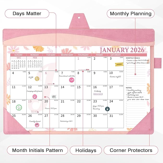Ospelelf Leather Wall Calendar 2026-2027 with Storage Pocket, 12"x17" Monthly Large Desk Planner Pad with Protective Cover and Sticker for Office School Home, 18 Months January 2026 - June 2027 Pink Floral