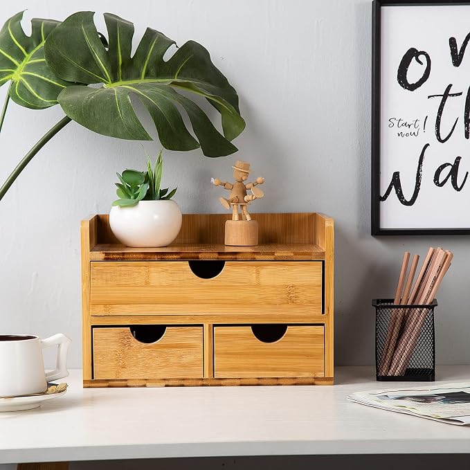 Rustic Bamboo Desk Organizer with Drawers,3-Drawer Desktop Storage Box | 3 Drawers Mini Open Top Shelf Pens, Notes, Makeup, Jewelry & Toiletries for Office, Bath Toiletries Vanity Office Supplies