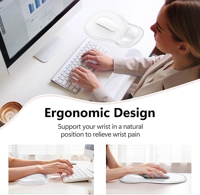 AKIT Ergonomic Gel Mouse Pad and Keyboard Wrist Rest, Non-Slip, Clear | Gel Wrist Support for Typing Comfort Non-slip Base Fits Standard Keyboards and Mice Reduces Fatigue During Long Work Sessions