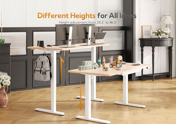 Claiks Electric Standing Desk with Drawers 48 x 24 Inch Natural | Sturdy steel frame supports 176 Lbs, Waterproof desktop with wire holes, 25.6 x 11.8 Inch plastic drawer fits 14 Inch laptop