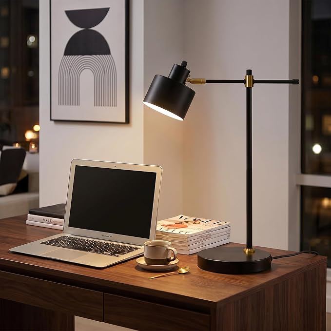 OYEARS 22.2" Modern Desk Lamp, Metal Table Lamp with LED Bulb, Adjustable Reading Lamps for Living Room, Mid Century Task Lamp for Home Office, Industrial Bedside Lamps with Solid Base,Black