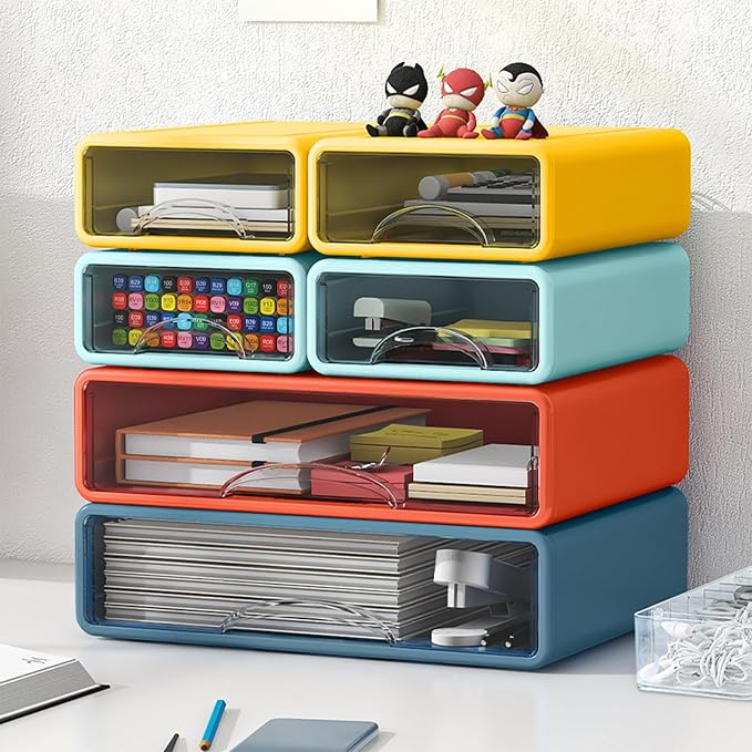 Desk Organizer with Drawers, Stackable Storage Drawers with Compartments Desktop Organization for Office Supplies, Makeup, Pencils, Tape, Erasers, Paperclips, Chargers (2S1M)