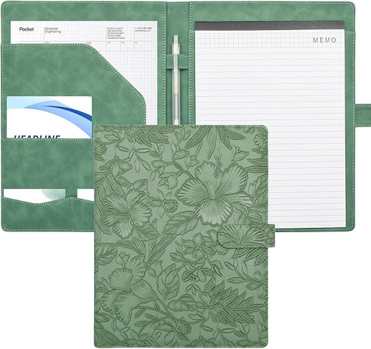 VANRA Padfolio Portfolio Binder Faux Leather Interview Resume Folder with Notepad, Document Organizer Card Holder, Letter-Sized Notepad Portfolio Organizer for Business School Office (Green)