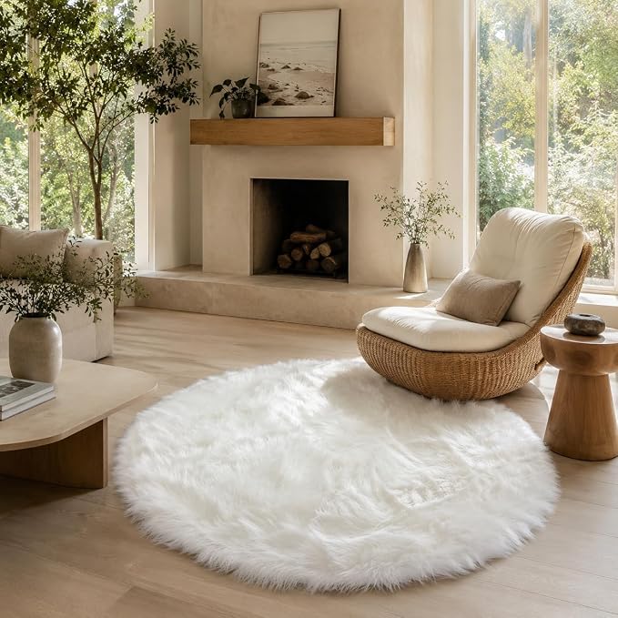 EasyJoy Faux Sheepskin Rug, Fluffy Faux Fur Rug, Ultra Soft Shag Area Rug with Non-Slip Backing for Bedroom, Living Room, Nursery, Kids Room(4 x 4 ft Round, White)