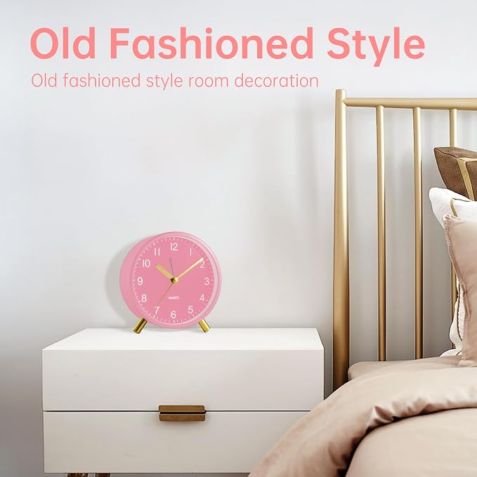 JALL Analog Alarm Clock, 4 inch Super Silent Non Ticking Small Clock with Night Light, Battery Operated, Simple Design, Easy Setting for Office, Bedroom, Bedside, Desk, Teens, Elders, Adult, Pink