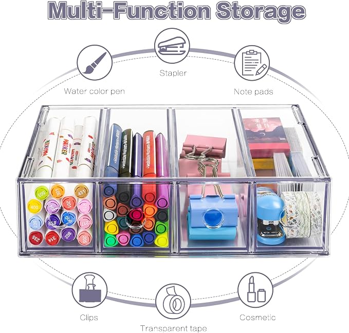 Desk Organizer with 4 Drawers, FODIENS Stackable Desktop Storage Box with Removable Drawer, Clear Sunglasses Organizer Display Case for Stationery Marker Pens Eyeglasses Office Supply | Clear Sunglasses Organizer, Display Case, Removable Drawers, For S...