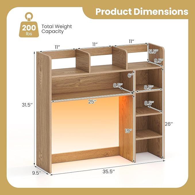Tangkula Desktop Bookshelf with LED Lights, Desk Hutch with 8 Shelves for Max 25" Monitor, Desktop 5-Tier Display Rack, Multipurpose Wood Desktop Storage Hutch Organizer for Dorm Office Home (Natural)