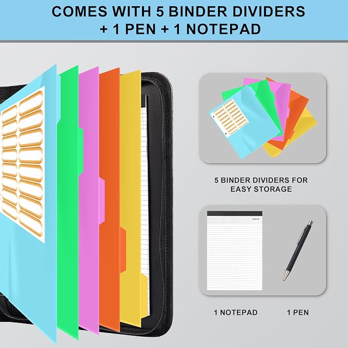 Eshow Portfolio Organizer - 3 Ring Binder with Zipper, Vegan Leather Business Padfolio Folder with Notepad Includes 5 Color Sheet Protectors for Documents Files for Men Women
