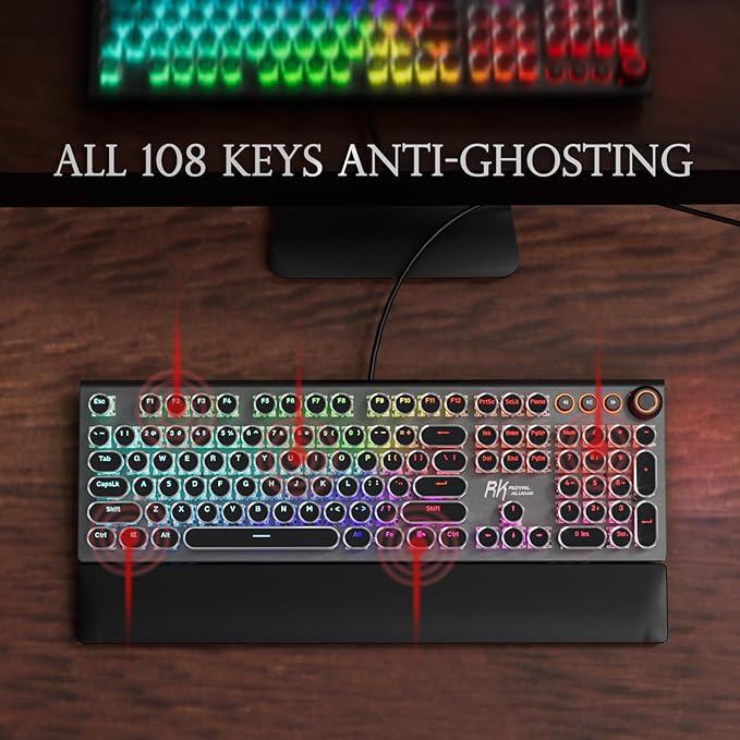 RK ROYAL KLUDGE X108 Typewriter Keyboard with Knob, Wired Mechanical Gaming Keyboard, 108 Keys RGB Backlit Sidelight, Detachable Wrist Rest, Retro Round Keycaps Blue Switches - Shadow Black