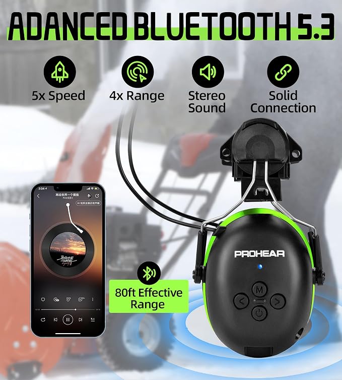 PROHEAR Safety Headphones with Bluetooth 5.3 - Compatible with 3M H-700 & DEWALT Hard Hats, 40H Battery Green - OSHA Hearing Protection for Construction Workers, Landscaping, Mowing