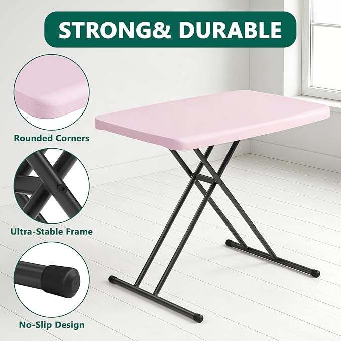 30 Inch Folding Table Set of 2, Adjustable Height TV Tray for Small Spaces, Heavy Duty Foldable Utility Table for Laptop, Dining, Camping, No Assembly, 200 lbs Capacity, Pink Granite