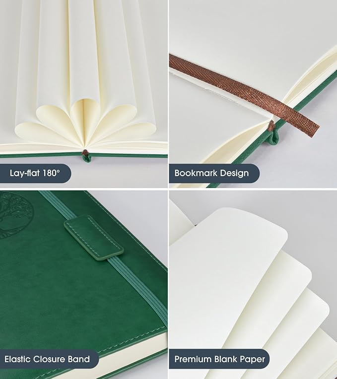 Biuwory Blank Journal Notebook for Women Men, Hardcover Leather Sketchbook 5.7"×8.3", 140 Pages Unlined Sketch book for Drawing, Writing, Travel, School & Work, Journaling Notebooks (Green)