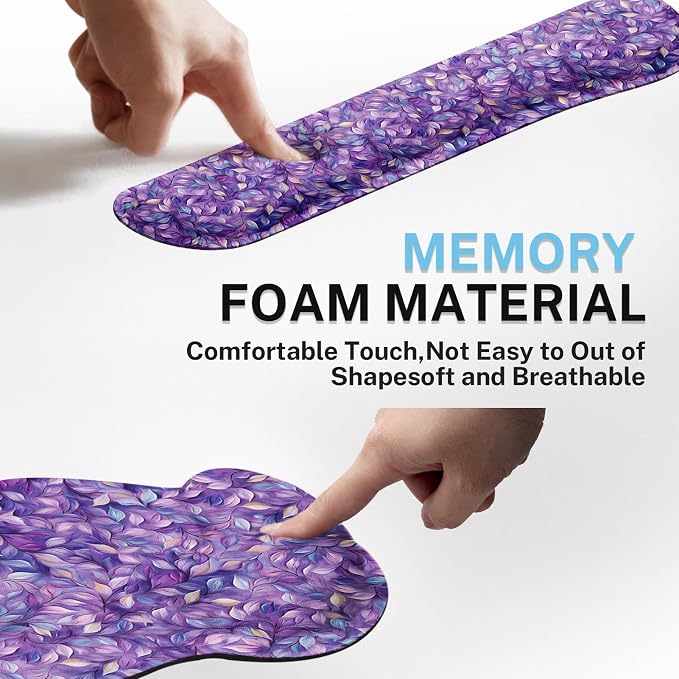 Britimes Purple Leaves Oil Painting Ergonomic Mouse Pad Set with Wrist Rest Non-Slip Rubber Base Wrist Cushion Support and Coasters Mousepad with Wrist Support for Computer Keyboard and Desk