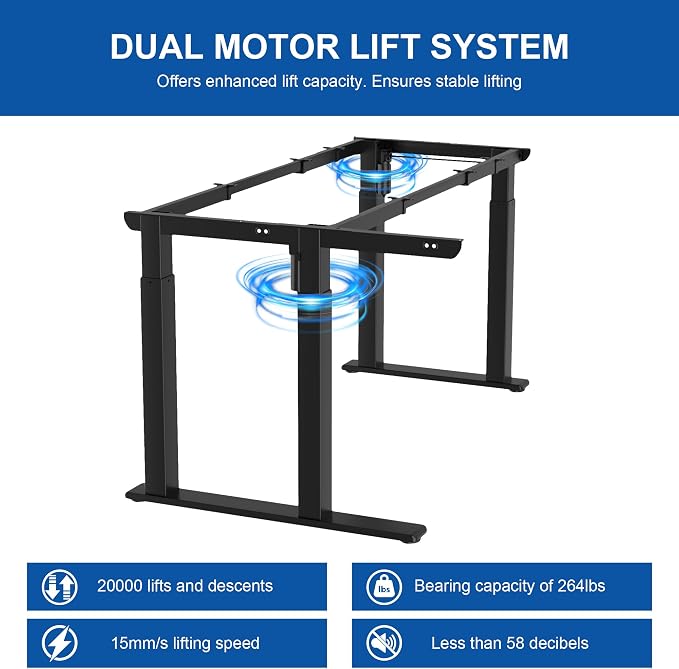 4-Leg L-Shape Standing Desk Frame Dual Motor, Electric Corner Legs Compatible Desktop Size 55″-71″, 264 lbs Weight Capacity, Anti-collision Detection Stand Up Desk Frame Workstation, Black Frame Only