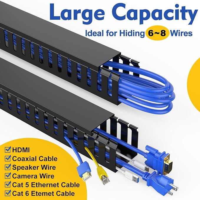 Open Slot Wiring Raceway Cable Duct,Cable Management Cord Track | 123" open slot cable raceway,Black 1.57x1.57",8 pcs desk wire channel to hide computer cables and cords