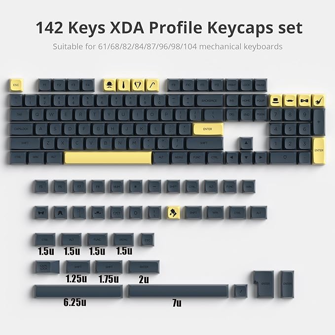 Guffercty kred Black XDA Profile PBT Keycaps, 142-Keys Gentleman Custom keycaps for 60% 65% 75% 100% Fullsize US&ISO Layout Mechanical Gaming Keyboard (Gentleman)