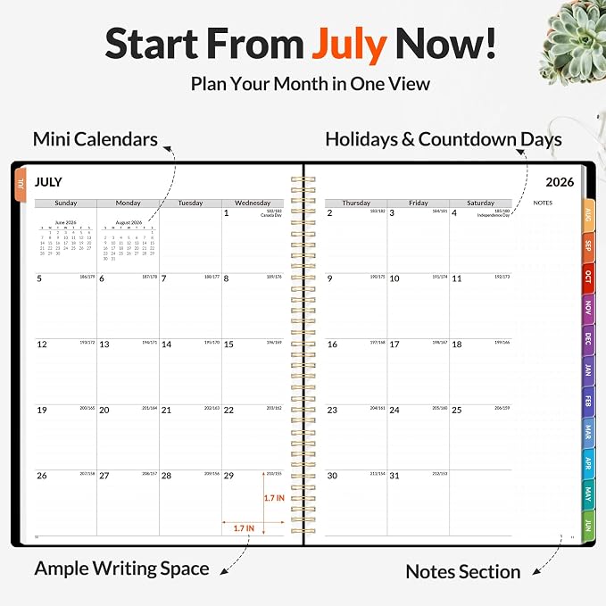 SUNEE Academic Planner 2026-2027 – Weekly & Monthly Planner, July 2026 to June 2027, 8.5"x11", Thick Paper, Tabs, Pockets, Bookmark, Spiral-Bound, Student Teacher Organizer, Black