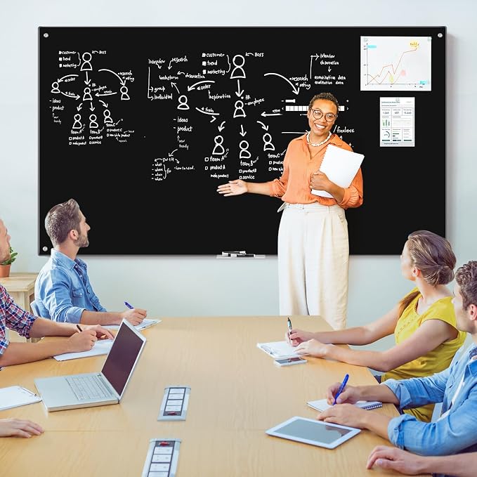 maxtek Black Dry Erase Board 72" x 48", Black Whiteboard Glass Frameless, Large Magnetic Glass White Board for Office School