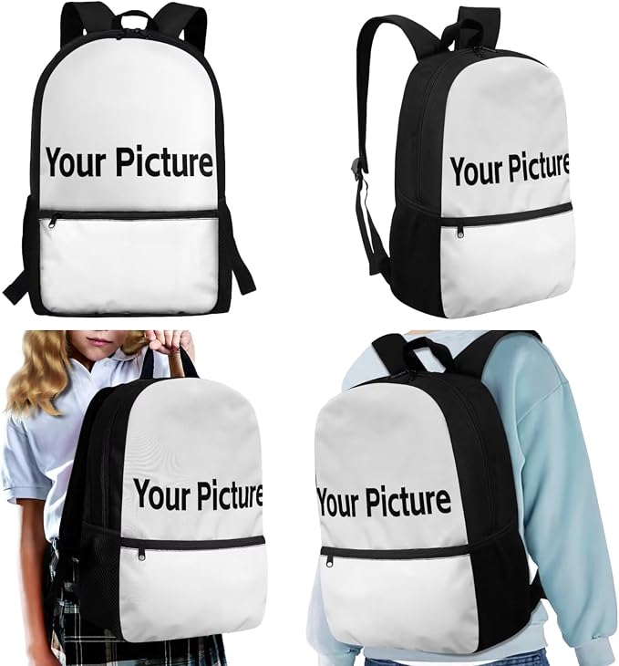 WELLFLYHOM Custom Picture Kids Girls Backpack Set 6-8 4Pcs Book Bag with Lunch Box Pencil Case Water Bottle Sleeve Personalized Elementary School Daypack Back to School Season Supplies