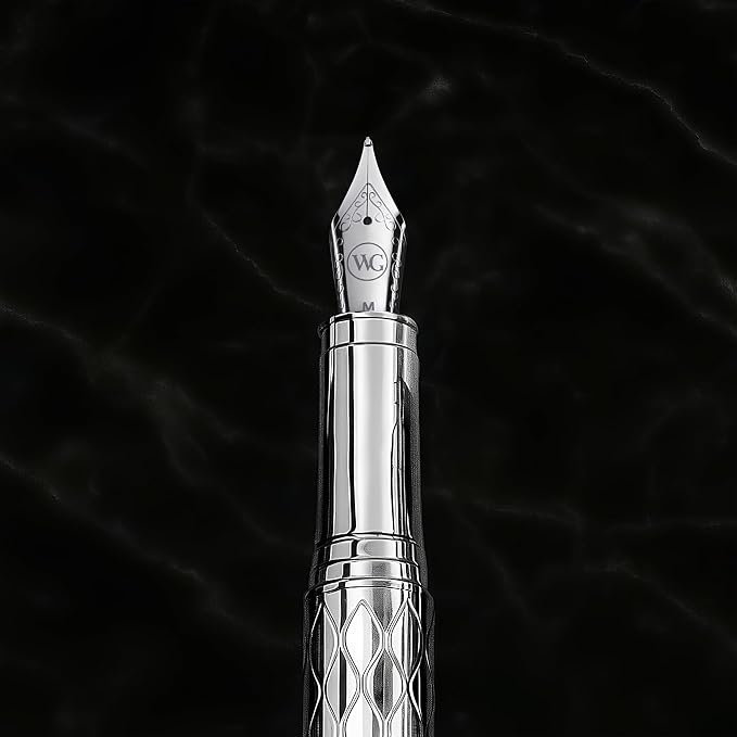 ‘The Mirror’ Silver Luxury Executive Fountain Pen, Woven Chrome Finish, Medium Nib, Smudge Free, No Bleed, Use Any Fountain Ink with Included Converter, Fits Cartridges (sold separately)