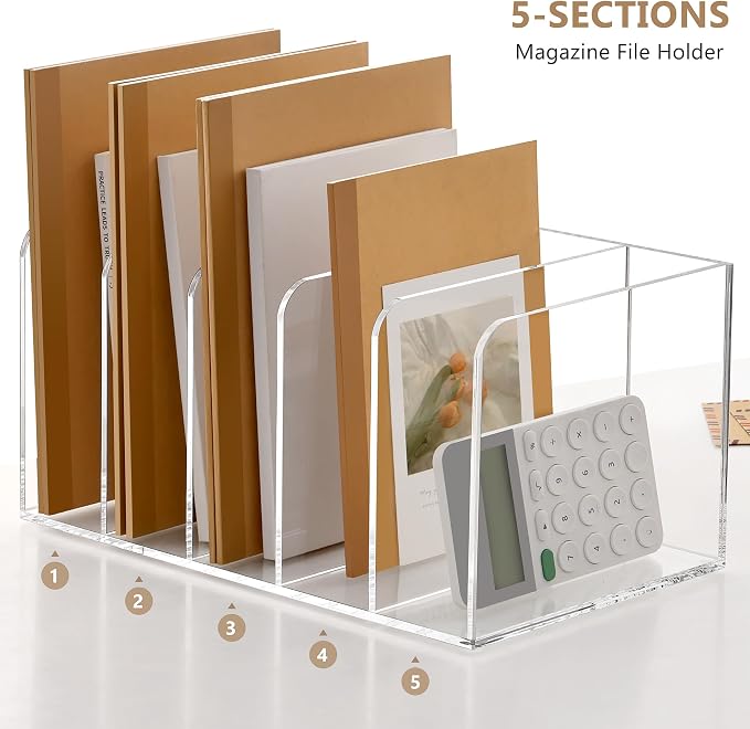SANRUI Acrylic Magazine Holder Desk Organizer Workspace Sorters, Clear Bookend File Sorter Folder Rack For Home Office Accessories Organization Storage with 5 Vertical Compartments